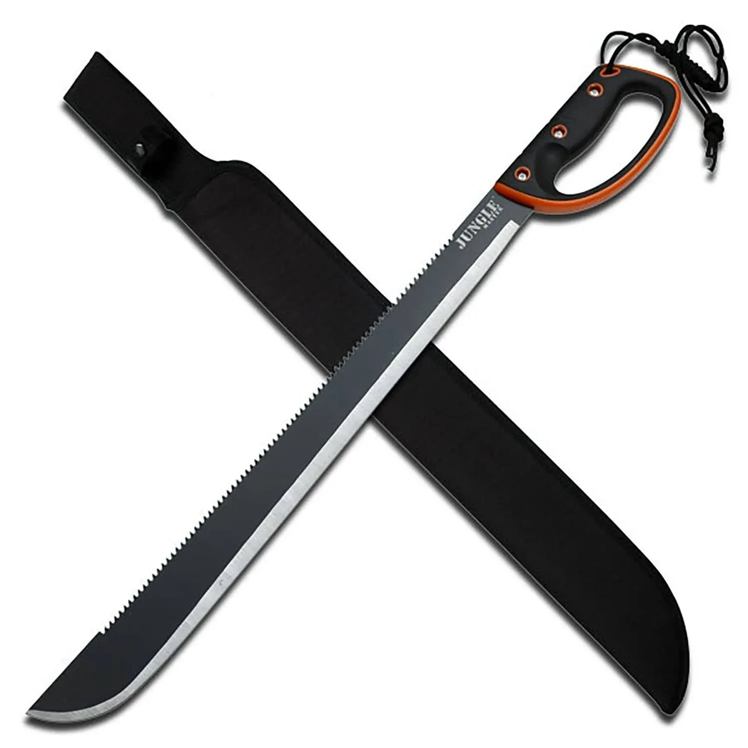 – Machete w/ Reverse Serrations – Black/Satin Blade, Full Tang, Black/Orange Rubberized Nylon Fiber Handle, Nylon Sheath, Outdoor, Hunt, Camp, Hike, Survival, JM-024L