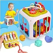 Baby Toys Montessori Activity Cube: 7 in 1 Multifunction Toddler Learning Toy Sensory Shape Sorter Colorful Stacking Building Blocks Pull String Early Developmental Birthday Gift Boys Girls 18+ Months