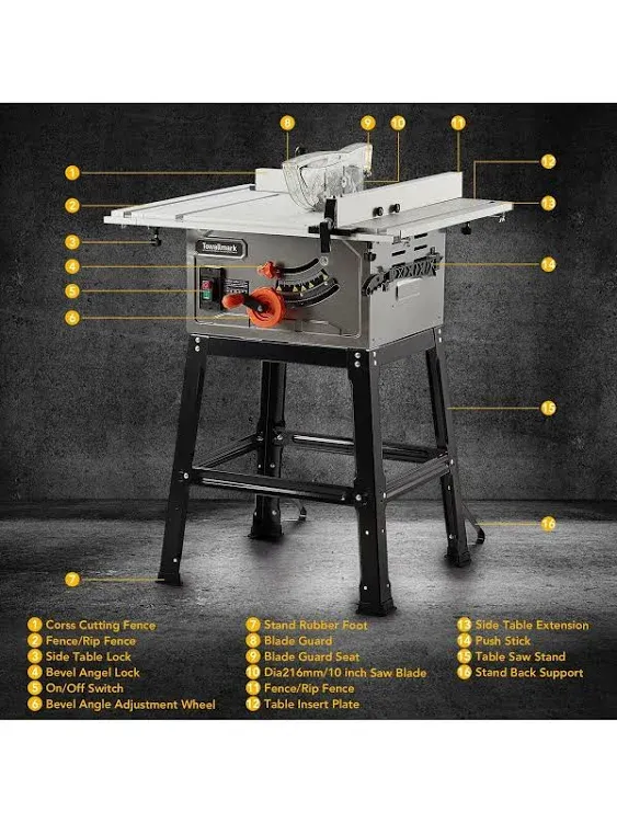 Table Saw, 10 Inch 15A with Stand & Push Stick, 90° Cross Cut & 0-45° Bevel Cut ...