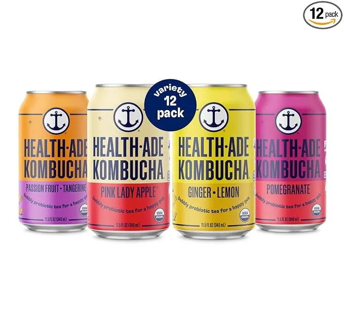 Health-Ade Canned Kombucha Tea Organic Drink, Fermented Tea with Living Probiotics, Detoxifying Acids, Supports Gut Health, Non-GMO, Vegan, Gluten Free, 12 Pack (11.5 Fl Oz Cans), Fab Four Variety Pack in Cans