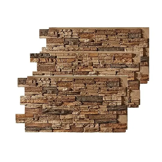 High-Density Polyurethane Faux Stone Wall Covering Panels for Interior and Exterior Decor | Stacked Stone Siding Panel | Sedona | 48''L x 24''H x 2''D | 3-Panels | Cognac Brown