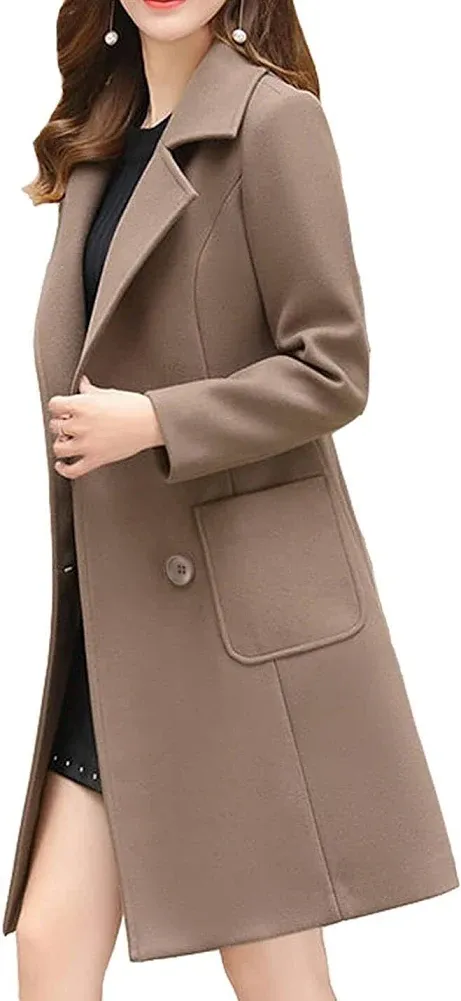 Bankeng women winter wool blend camel mid-long coat notch double-breasted lapel