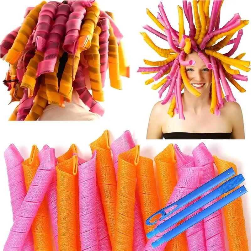 50 Pcs Heatless Spiral Hair Curlers 22inch Magic No Heat Hair Curls for Long Hair 6pcs Styling Hooks DIY Hair Rollers Set(pink-orange)