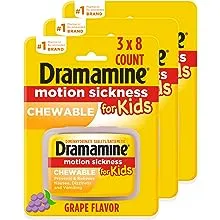 Dramamine Motion Sickness for Kids, Chewable, Dye Free, Grape Flavored, 8 Count (Pack of 3)