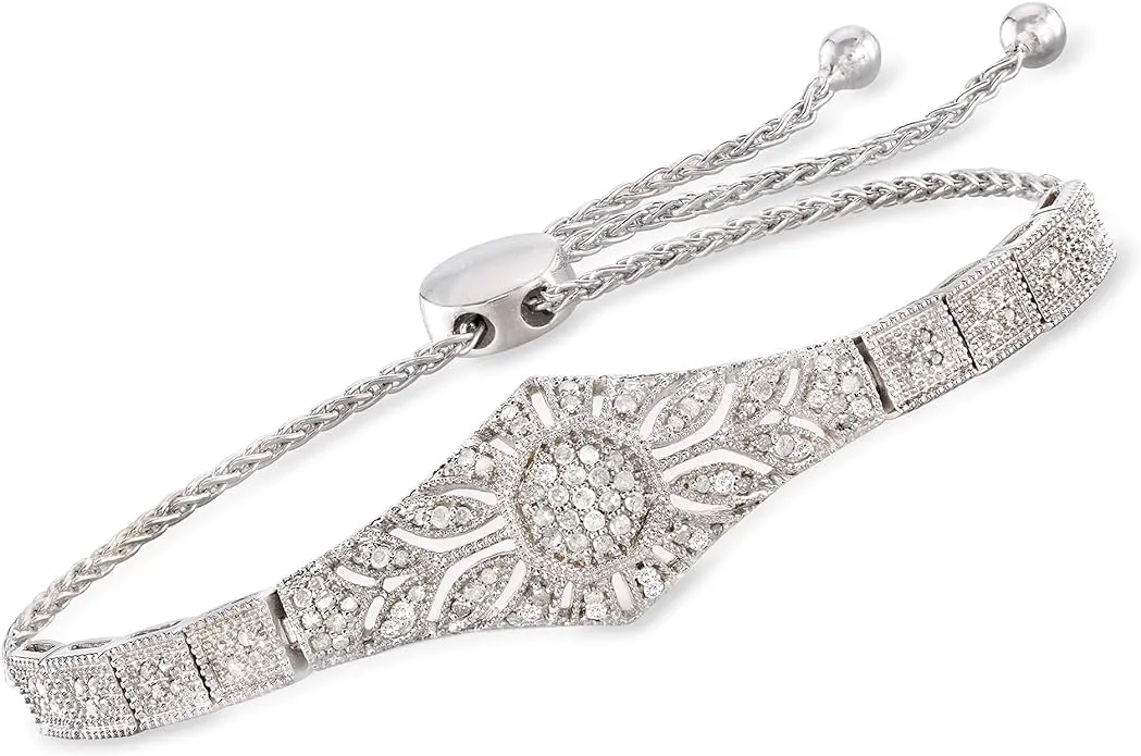 Ross-Simons Diamond Floral Openwork Bolo Bracelet in Sterling Silver