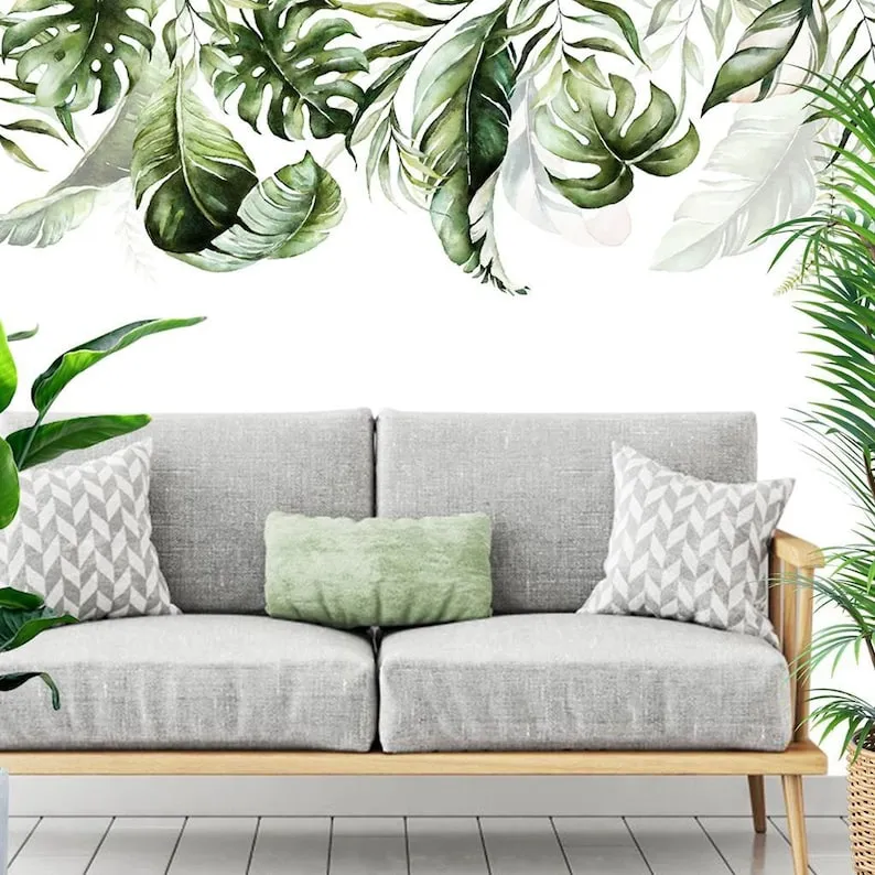 Green Plant Jungle Leaf Wall Sticker,Plant wall sticker,Bedroom Watercolour Wall Decal Tropical WALL DECAL Border, Nursery Wall Decal