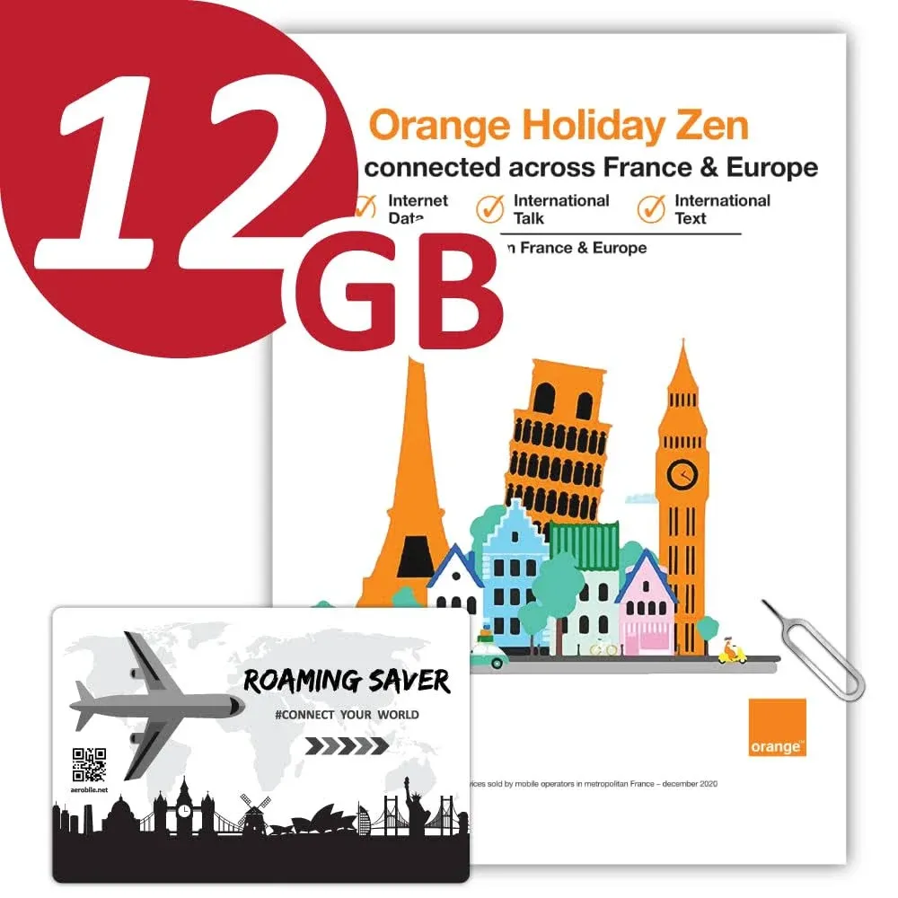 Orange Holiday Europe Prepaid Sim Card Combo Deal12GB Internet Data in 5G/4G/LTE (Data Tethering Allowed)+30min & 200 Texts from Europe to Any