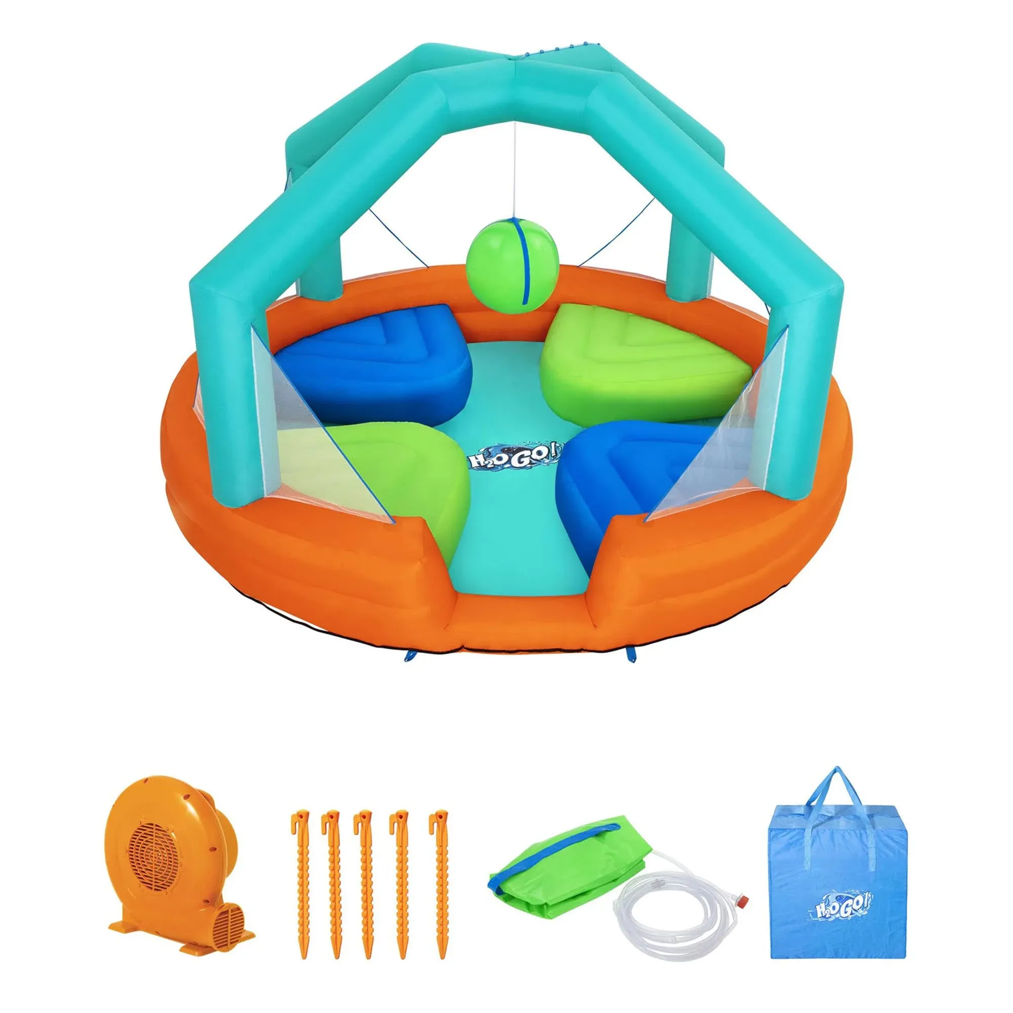 H2O GO Bestway Dodge & Drench Kids Inflatable Outdoor Water Park with 2 Sprinkler Balls, Ground Stakes, Storage Bag, and Air Blower for Quick Setup