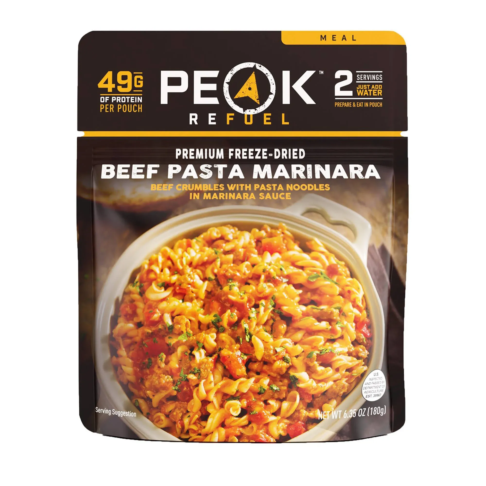 Peak Refuel Beef Pasta Marinara | 49g Protein | 1040 Calories | 100% Real Meat | Premium Freeze Dried Backpacking & Camping Food | 2 Servings | Ideal MRE Survival Meal