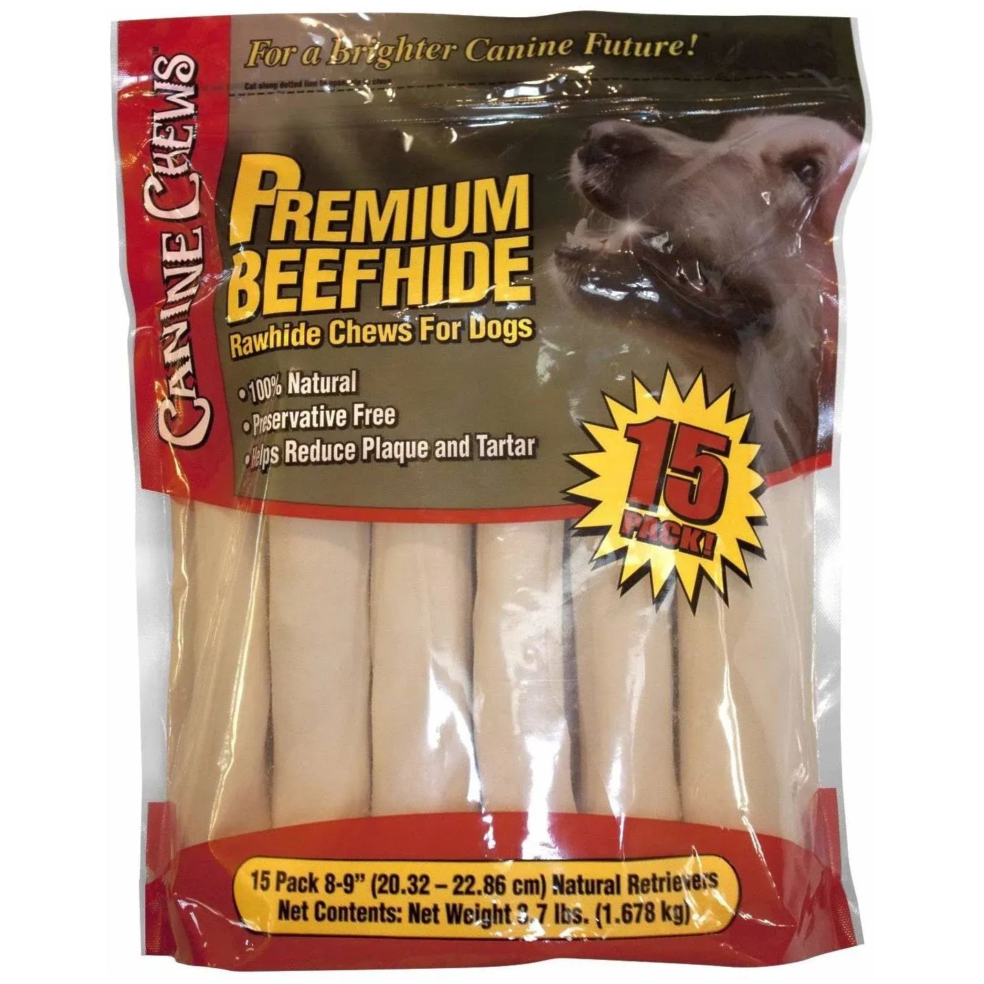 Canine Chews Premium All-Natural Beef Hide Canine Retrievers (15 Count)