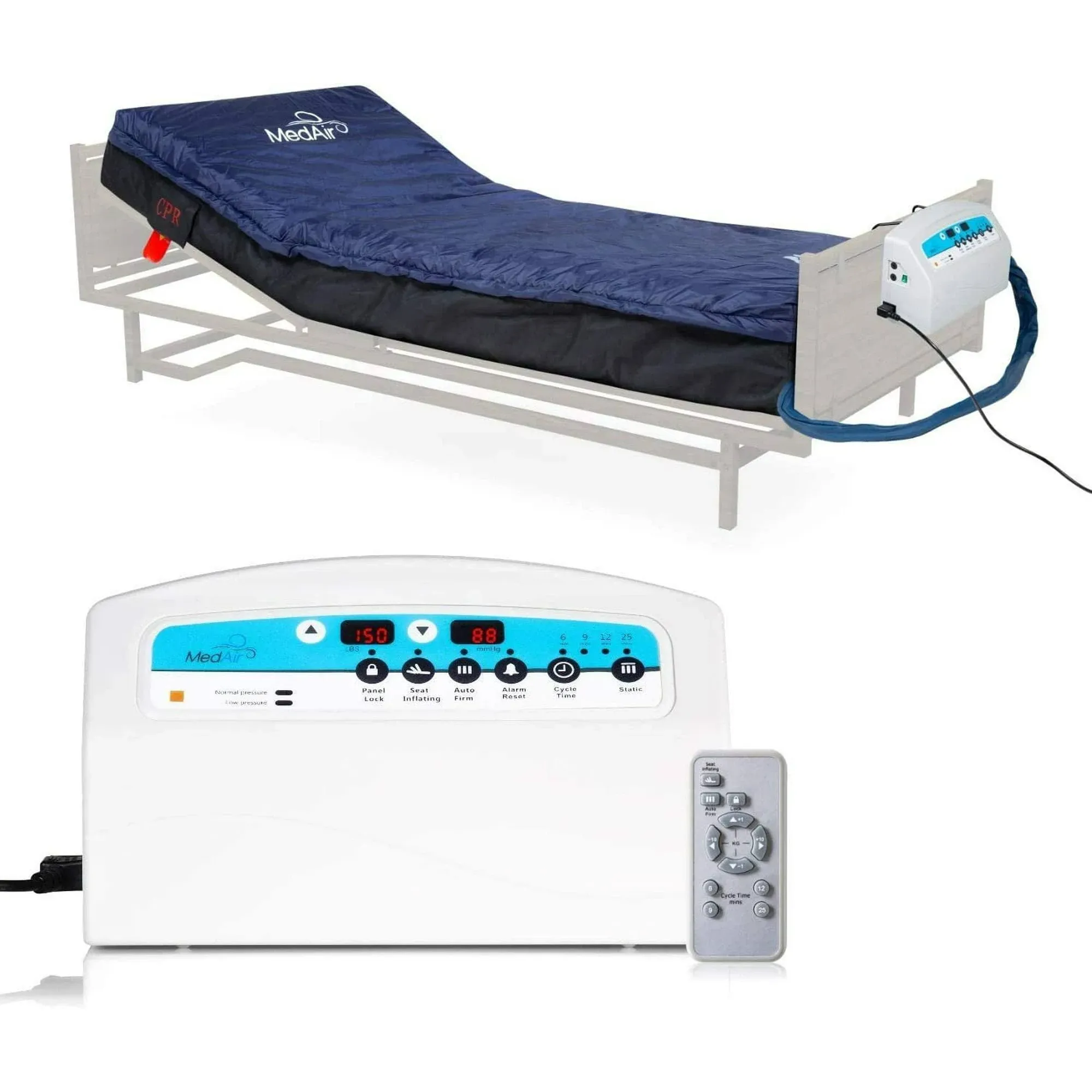 Medical MedAir Low Air Loss Mattress Replacement System with Alarm, 8" with Quilted Cover Fully Digital with Remote Control, Firm Option, Blue Color.