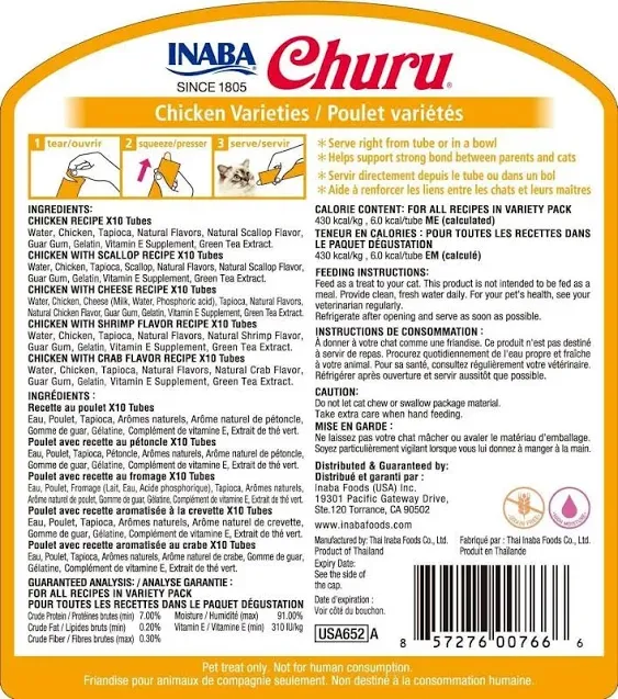 INABA Churu Cat Treats, Grain-Free, Lickable, Squeezable Creamy Purée Cat Treat/Topper with Vitamin E & Taurine, 0.5 Ounces Each Tube, 50 Tubes, Chicken Variety