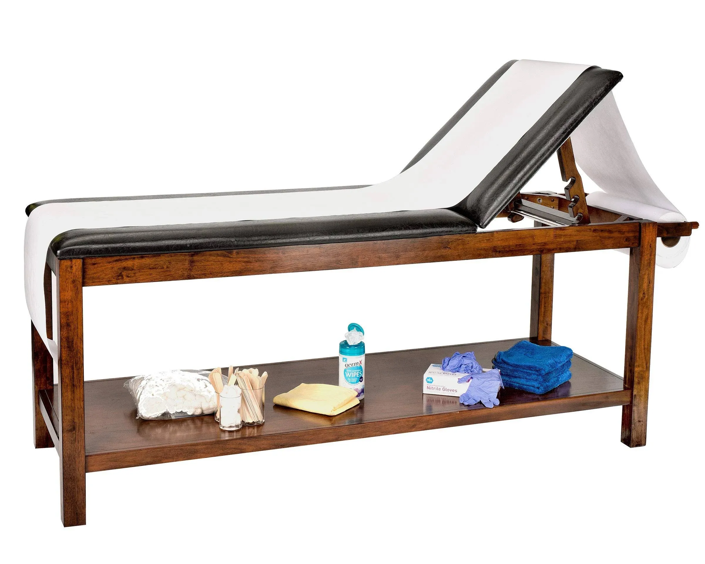 AdirMed Mahogany Wooden Exam Table with Full Shelf - Treatment Table for Hospital or Clinic, Comfortable in Multiple Positions with Paper Dispenser.AdirMed Mahogany Wooden Exam Table with Full Shelf -…