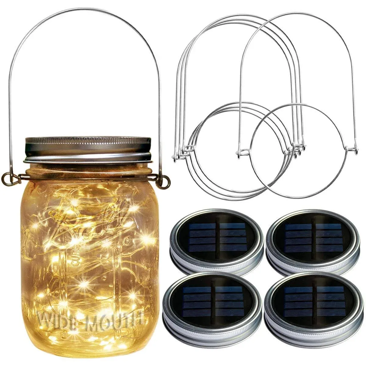 Homeleo 4 Pack Wide Mouth Mason Jar Solar LED Lights Insert Screw with Hangers ...