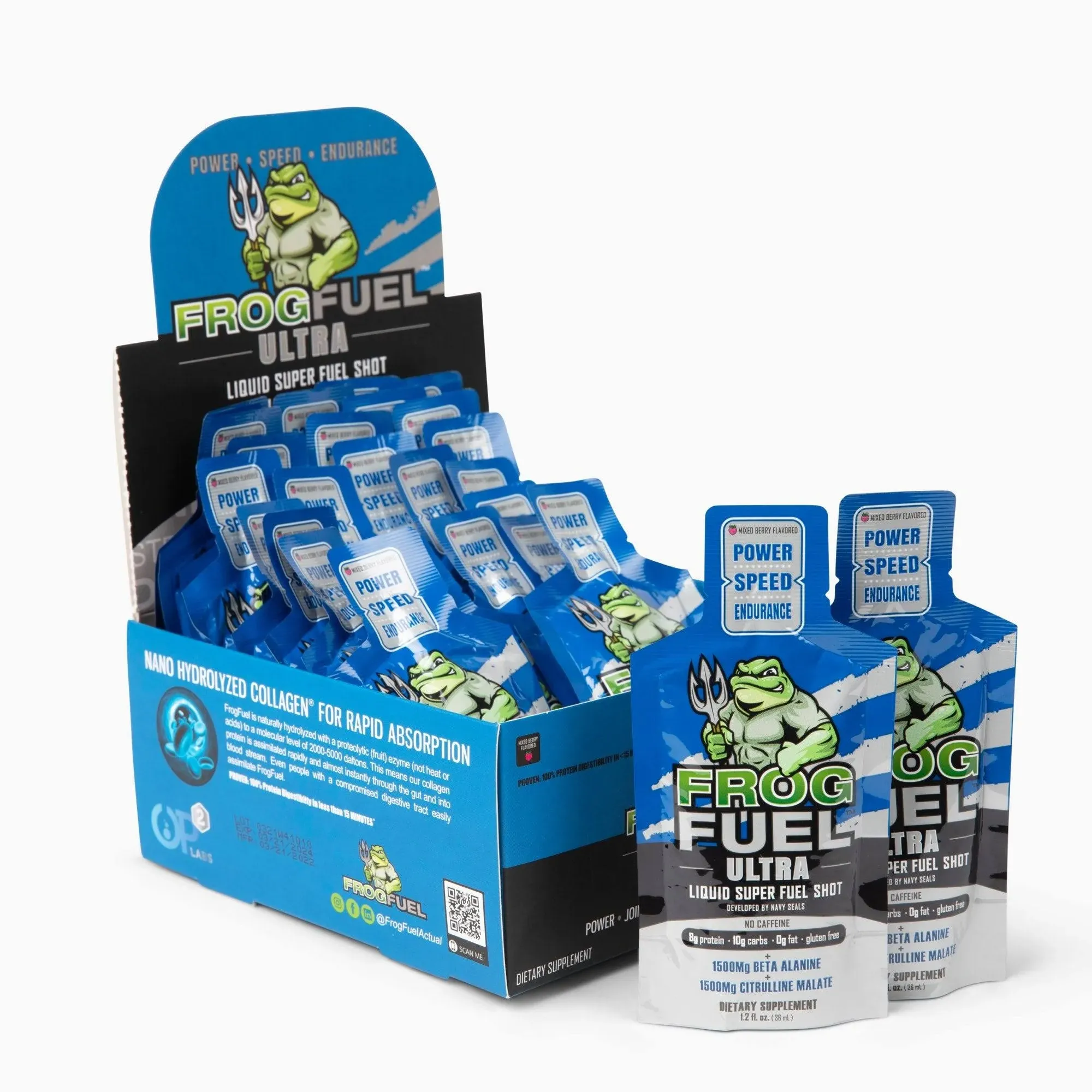 Frog Fuel Ultra Pre Workout Shot & Energy Gel with 1500mg Beta Alanine, Electrolytes 8g Protein Nano-Hydrolyzed Grass Fed Collagen, 10g Carbs, Gluten Free, Fat Free, Berry, 1.2 oz Packets, 24 Pack