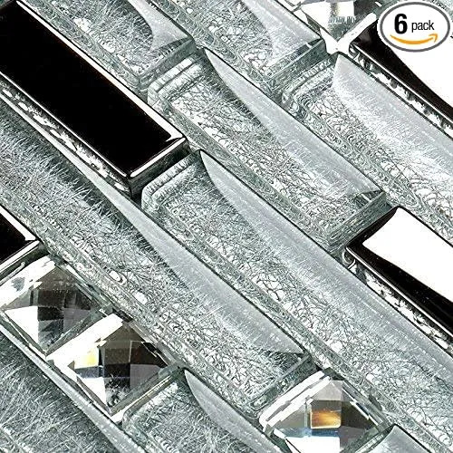 Glass Metal Tile Linear Mosaic Sparkle Silver Crystal Glass Chrome Metallic Stain Resistant for Kitchen Backsplash Bathroom & Shower Wall Tiles (6 Square Feet)