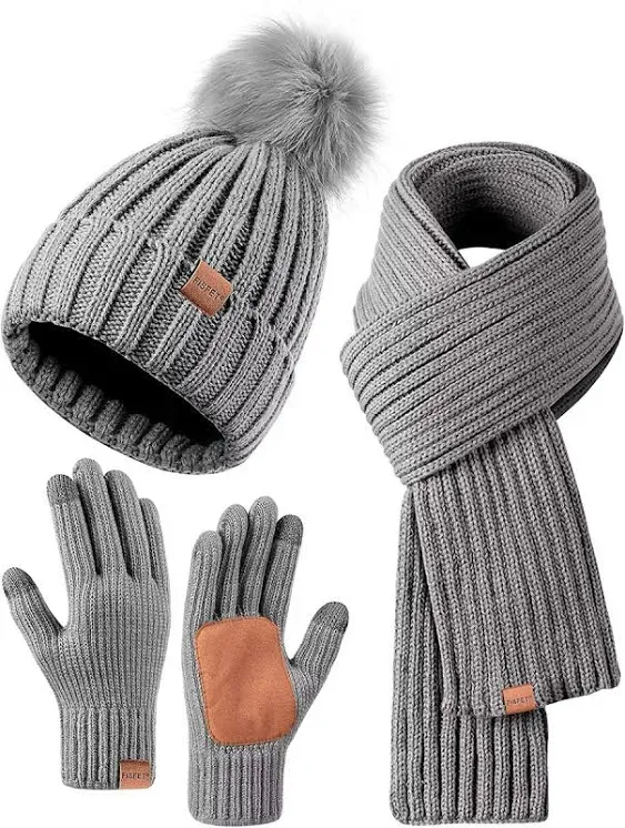 Womens Beanie with Pom Pom Long Scarf Neck Warmer Touchscreen Gloves 3 in 1 Set