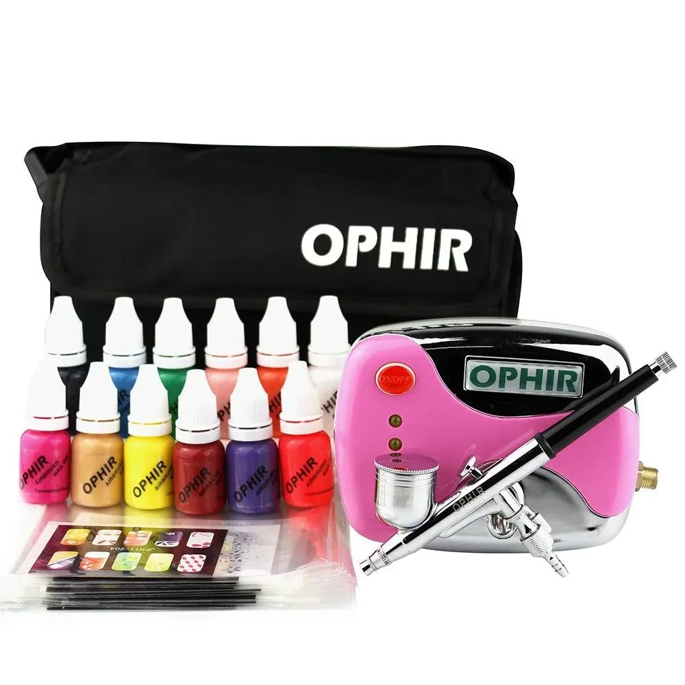 Ophir 12x Nail Ink Airbrushing 0.3mm Airbrush Kit with Airbrush Nail Stencil & Bag & Cleaning Brush Set_op-na001