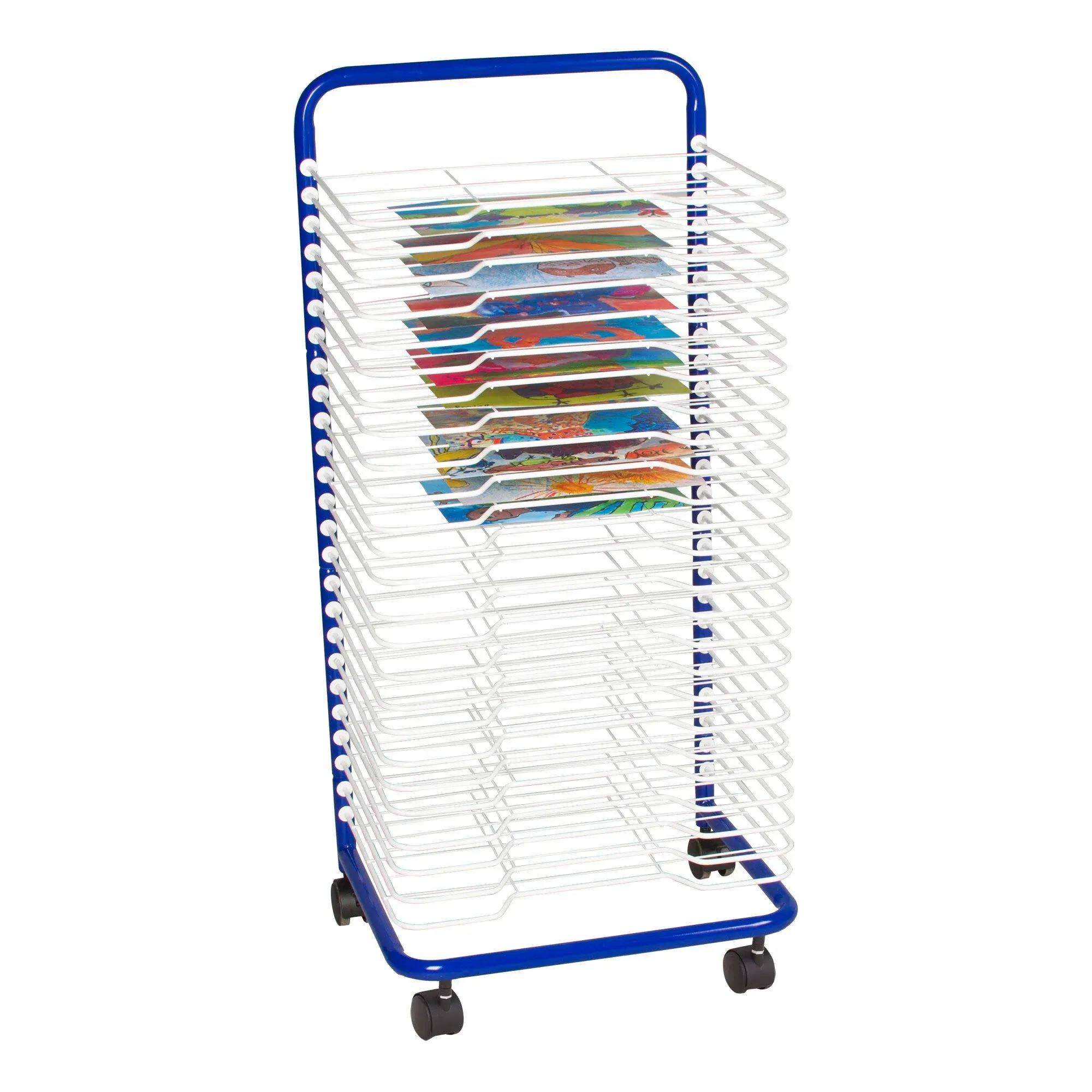 Sprogs 25-Shelf Mobile Art Drying Rack for Classrooms and Art Studios, Heavy-Duty Steel Rolling Art Rack Cart with 25 Shelves, Blue/White