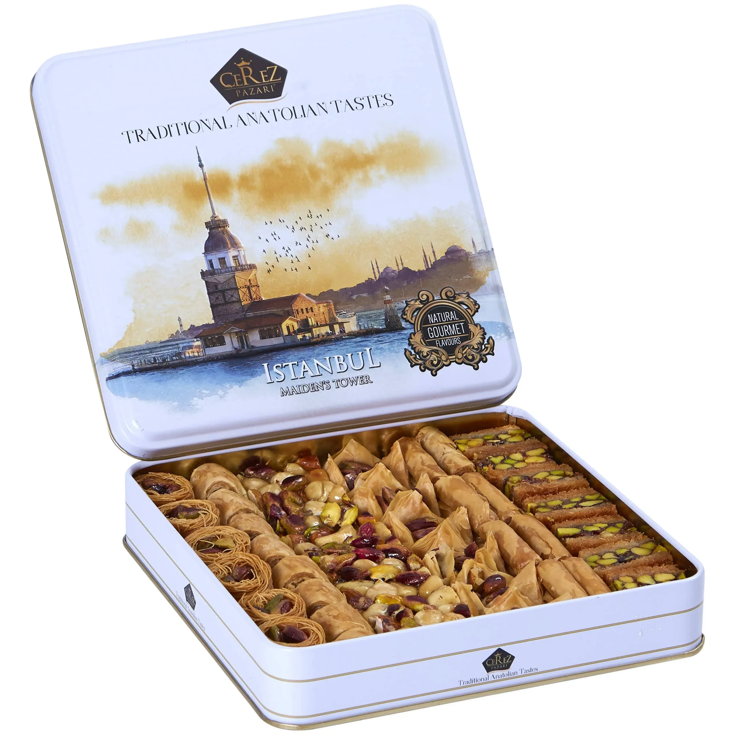 Cerez Pazari Premium Assorted Baklava Pastry Gift Basket Tin Box 1.32lbs Apprx.45-48 Pcs | Turkish Pistachio, Almond, Walnut, Cashew, Hazelnut