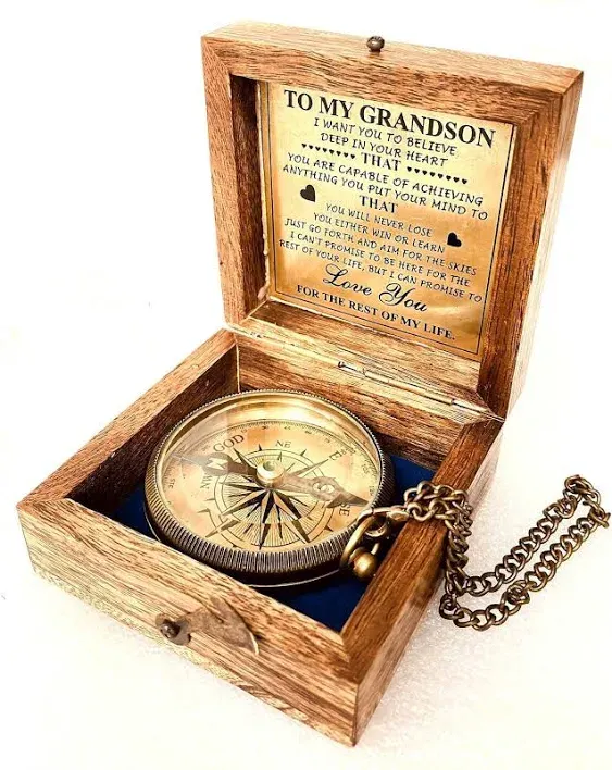 Gift for Grandson Brass Compass Engraved Quote