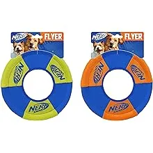 Nerf Dog Toss and Tug Ring Dog Toy, Flying Disc, Lightweight, Durable and Water Resistant, 9 Inch Diameter, For Medium/Large Breeds, Two Pack, Green and Orange