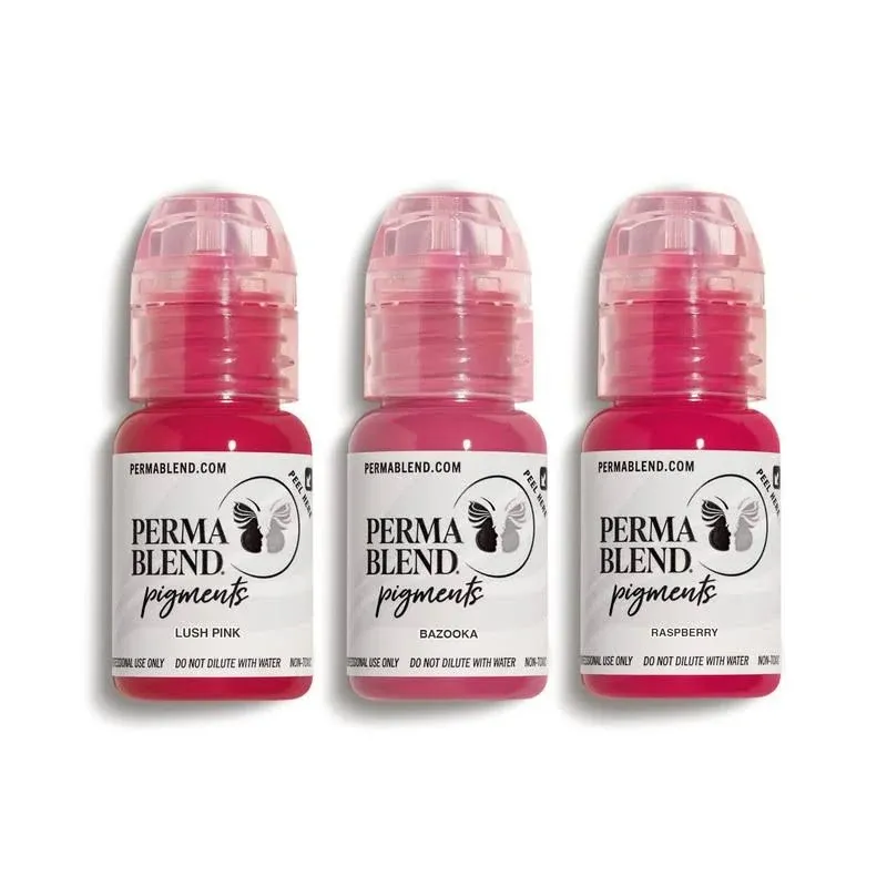 Perma Blend Tattoo Ink Set - Pink Lip Kit for Permanent Makeup - Tattoo Supplies for Lip Blush Microblading - Includes Raspberry, Lush & Bazooka Pink Tattoo Ink Pigment - Vegan (0.5 oz Each)