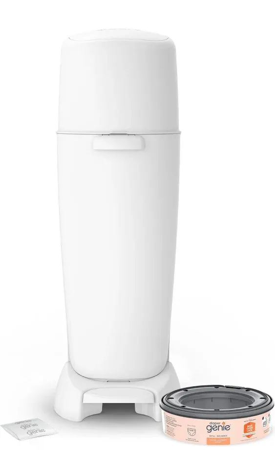 Diaper Genie Complete Diaper Pail (White) with Antimicrobial Odor Control | Includes 1 Diaper Trash Can, 1 Refill Bags, 1 Carbon Filter