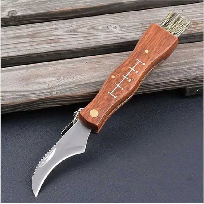 Mushroom Knife, Fungus Knife, Folding Camping Hunting Truffles Harvest Sharp Knives Natural Wood Handle Pocket Knife w/Bristle Brush, SS Pruning Blade, Hardwood Handle(Large)Mushroom Knife, Fungus Knife, Folding Camping Hun…