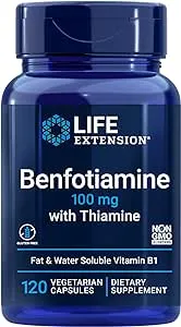 Life Extension Benfotiamine with Thiamine, 100 mg - Water & Fat Soluble Vitamin B1 Supplement For Glucose Blood Sugar Level and Nerve Health Support - Gluten-Free, Non-GMO, Vegetarian - 120 Capsules