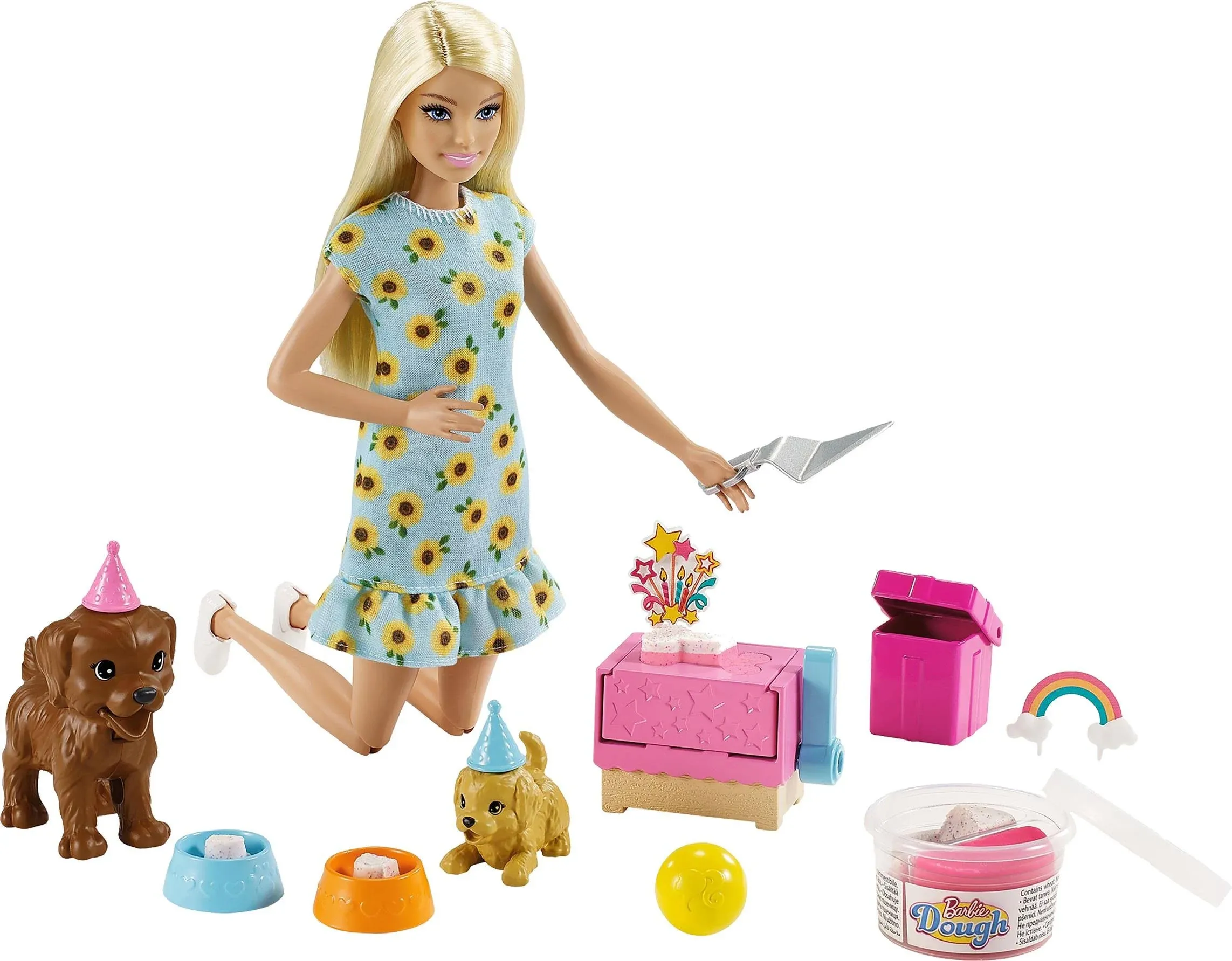 Barbie Puppy Party Doll and Playset, Blonde Doll with Sunflower Dress, 2 Pet Puppies, Cake Mold, Dough and Accessories 