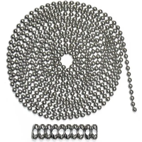 10 Foot Length Ball Chain, Number 10 Size, Stainless Steel, & 10 Matching 'B' Couplings