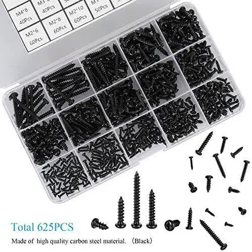 625pcs M2 M3 M4 Phillips Pan Head Self-Tapping Wood Screws,14 Sizes Cross Recessed Round Head Self Tapper Screws Assortment Kit for Wood,Plastic and Soft Metal,Black Carbon Steel,Sharp Point