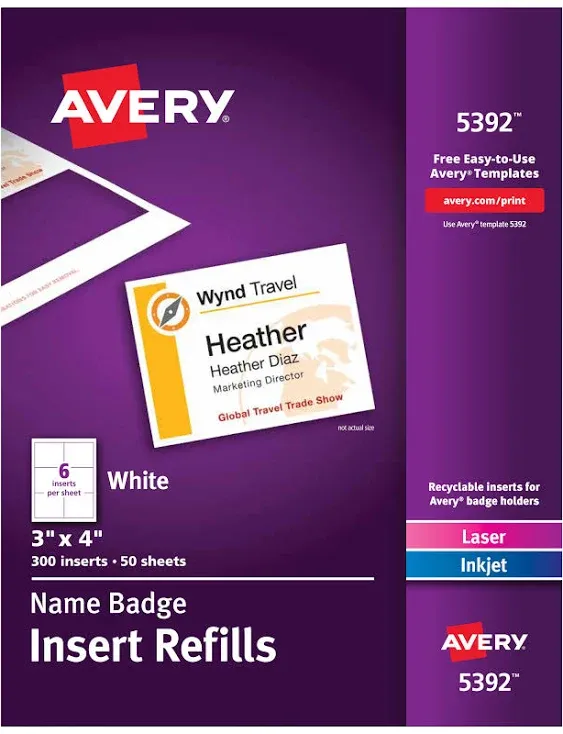 Avery® 5390 2 1/4" x 3 1/2" White Badge Holder Laser / Inkjet Insert Refills - 400/Box