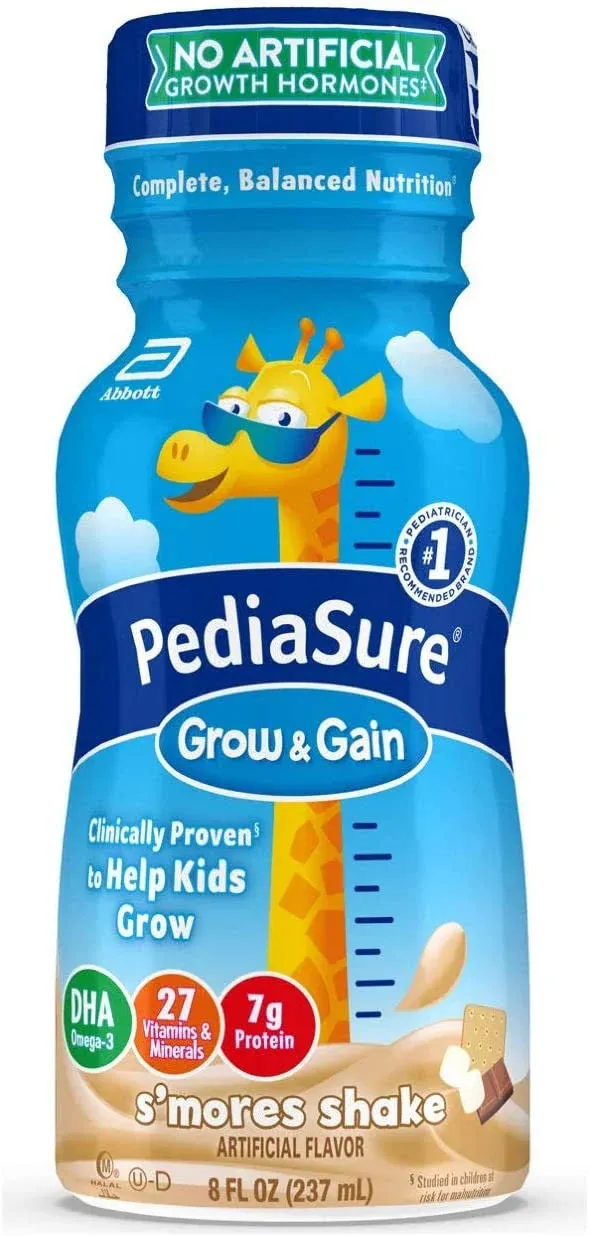 PediaSure Grow & Gain with Immune Support, Kids Protein Shake, 7g Protein, Banana 8-fl-oz Bottle, 4-6 Count