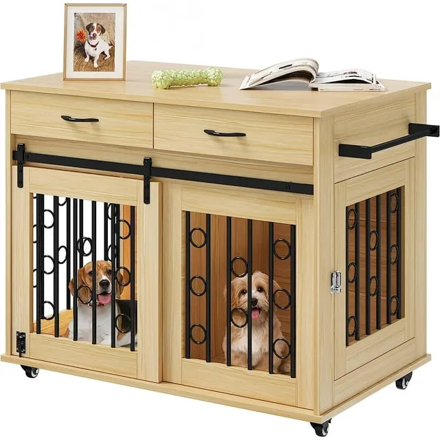 Dextrus Dog Crate Furniture, 39 inch large Wooden Indoor Dog Kennel with Divider Room and Drawers, Removable Tray End Table, Double Door Dog House for Small Medium Dog, Walnut Color