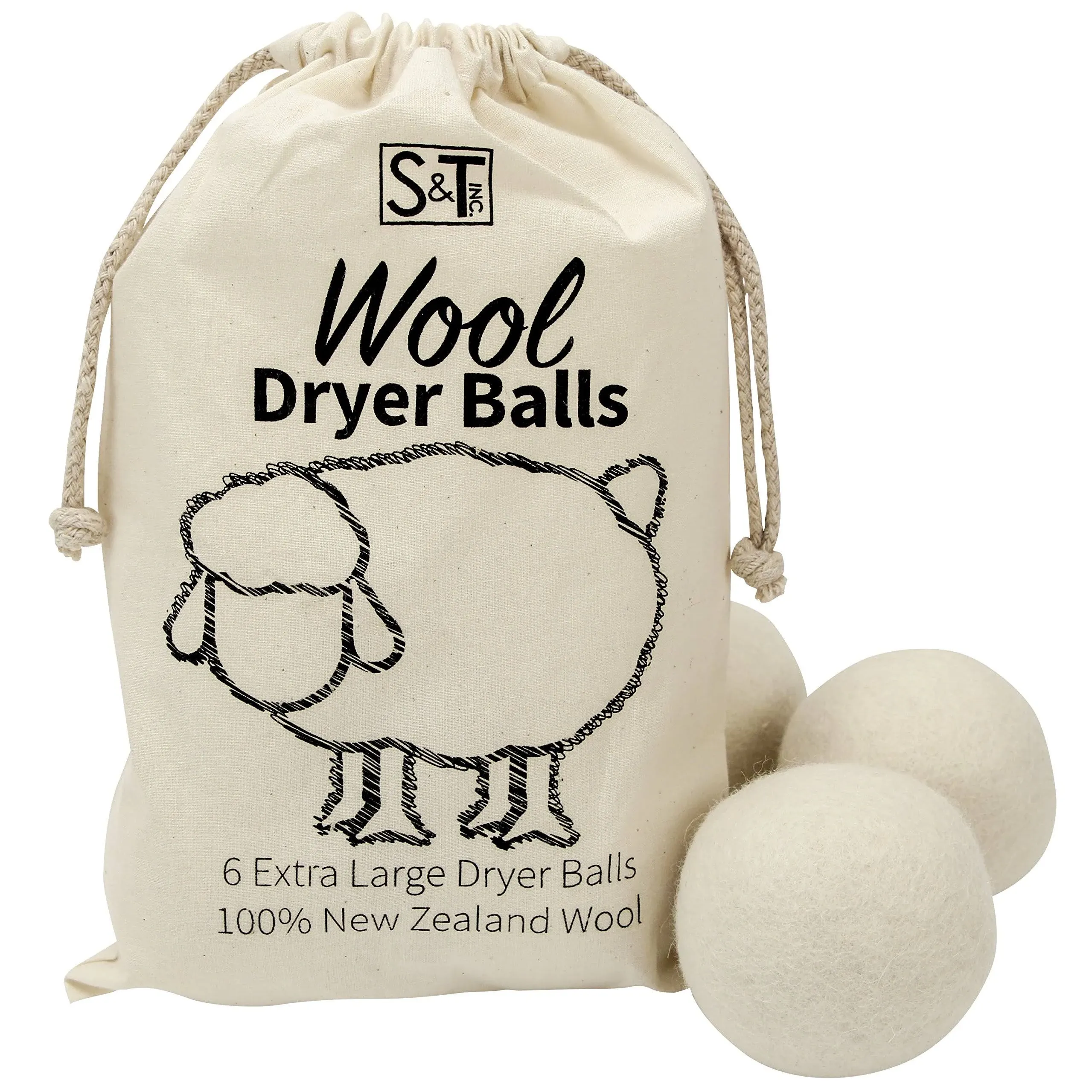 S&T Inc. XL New Zealand Wool Dryer Balls, Natural White, 6 Pack