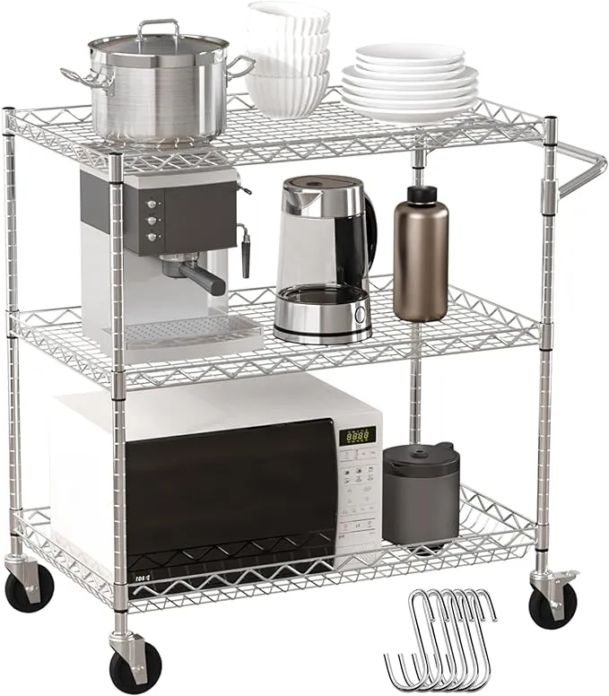 Kitchen Utility Cart, 3 Tiers, Wire Rolling Cart with 661 LBS Capacity, Steel Se