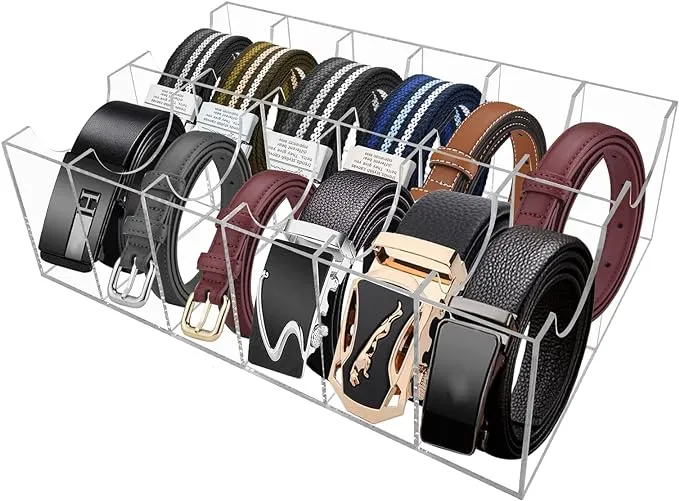 Hlimior Belt Organizer, Acrylic 12 Compartments Belt Container Storage Holder, Acrylic Belt Display Storage Box, Clear Belt Display Case for Closet Tie and Bow Watch Jewelry Bracelets Ring Cosmetic…