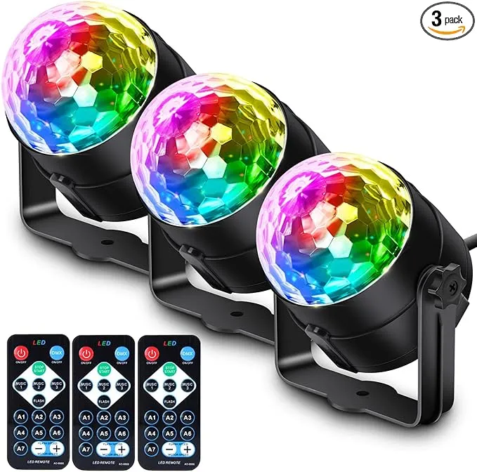 3-Pack Disco Ball Party Lights with Remote Control, Sound Activated Music Sync DJ Stage Strobe Light for Halloween Decorations Christmas Decor Bachelorette Party Dance Karaoke Happy Birthday