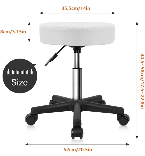 KKTONER Round Rolling Stool PU Leather Height Adjustable Swivel Drafting Work SPA Salon Stools Chair with Wheels (White)