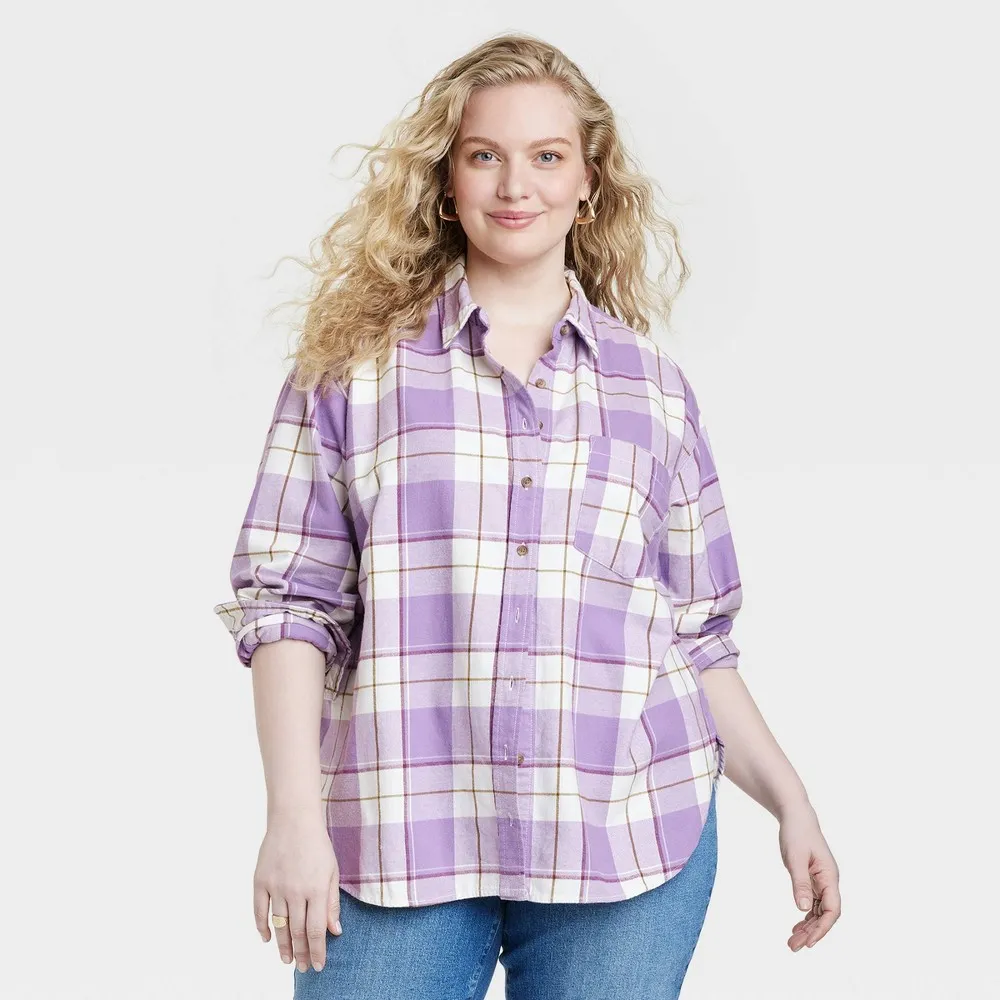 Women's Long Sleeve Flannel Button-Down Shirt - Universal Thread™ Purple Plaid XXL