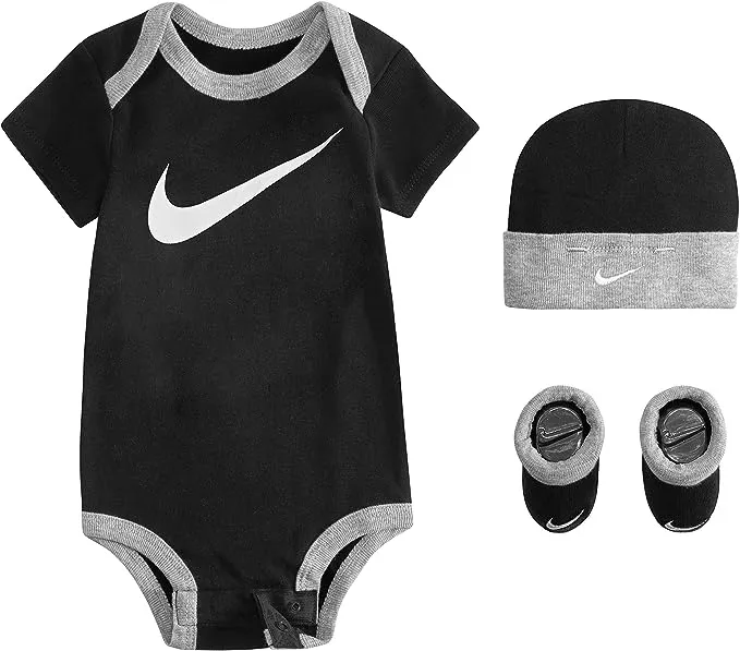 3 Piece Nike Baby Outfit, 0-6 Months Booties Hat Gray Black Unisex 