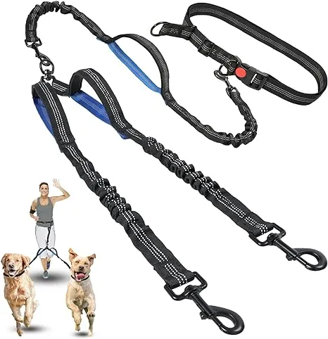 Dual Dog Leash | Hands Free Dog Leash 2 Dogs | Double Dog Leash for Walking & Training & Hiking | Shock Absorbing Reflective | 360°Swivel 2 Dog Coupler | No Pull Y Dog Leash(Two Dog Leash Blue)