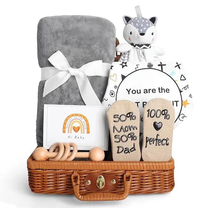 Baby Shower Gifts, Baby Girl Gifts Basket, Unique Baby Gift Essential Stuff Set - Baby Lovey Blanket New Born Bibs Socks Wooden Rattle & Greeting Card, Newborn Baby Gift Set (Fox, Pink)