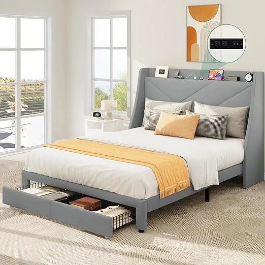 YITAHOME Storage Bed Frame, Queen Size Bed Frame with Type-C & USB Port and 2 Drawers, Upholstered Headboard Storage Shelf Platform Bed, No Box Spring Needed, Easy Assembly, Grey