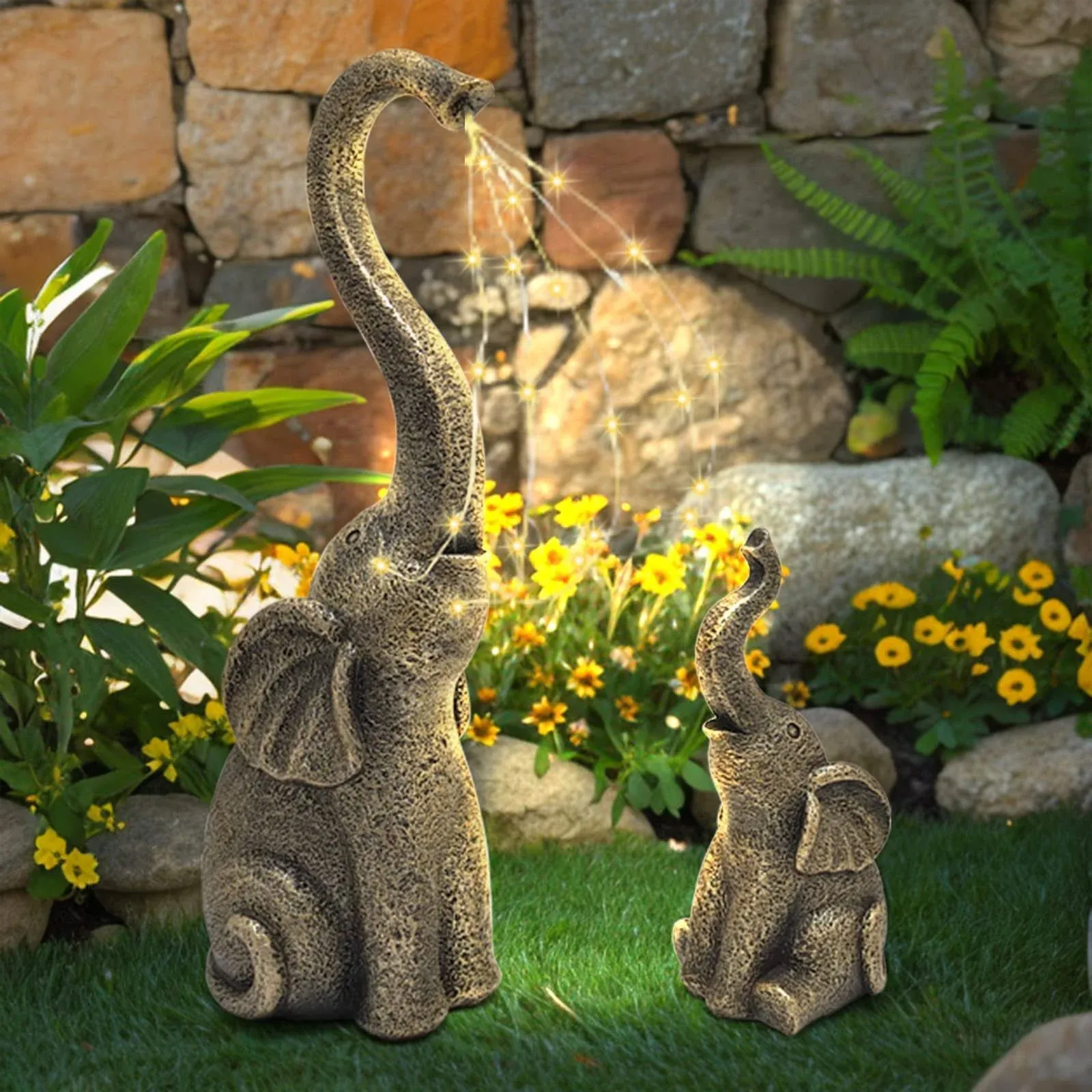 IVCOOLE Garden Statues Elephant Decor with LED Solar Lights - Set of 2 Good Luck ...