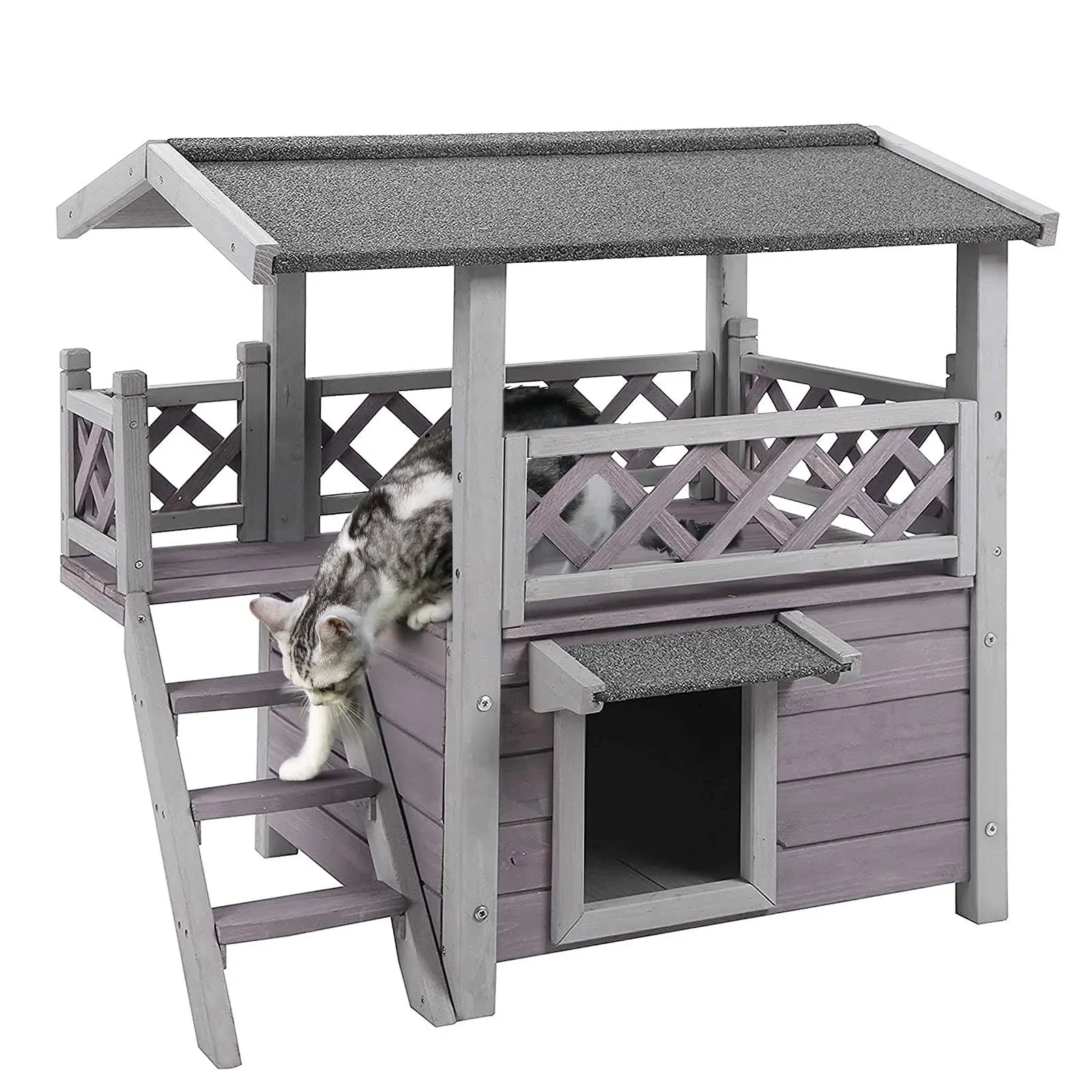 GUTINNEEN Cat House with Door for Feral Cats Rainproof Outside Kitty House 2 Story Wooden Kitten Condo with Stairs (AIR09-BS)