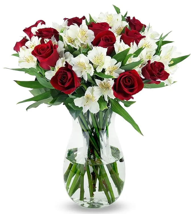 Benchmark Bouquets, Classic Roses & Alstroemeria, Glass Vase Included, Gift Fresh Flowers for Christmas, Holiday, Birthday, Anniversary, Sympathy, Congratulations, Thank You