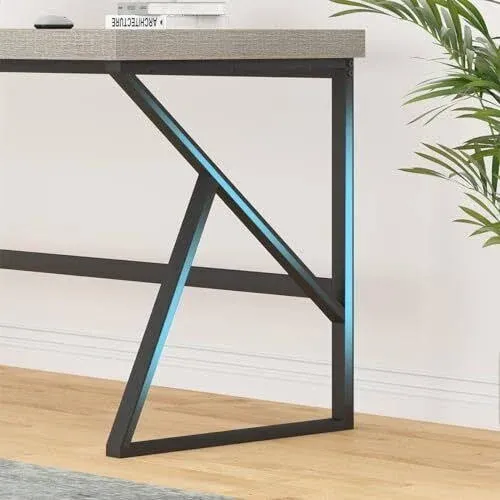  Gray Computer Desk, Industrial Wood and Metal Home 55 Inch Light Grey Oak